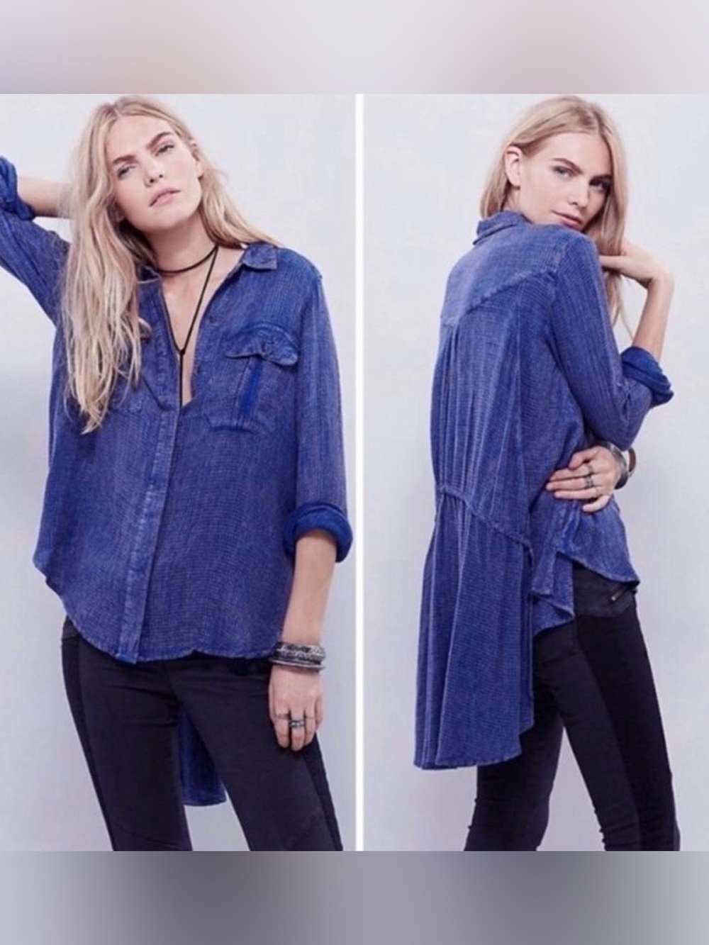 FREE PEOPLE One of The Guys waffle knit boho high low oversize buttonup blouse S